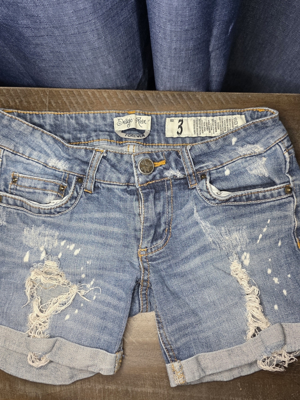 Y2K Indigo Rein FOREVER Light Blue Distressed Denim Shorts